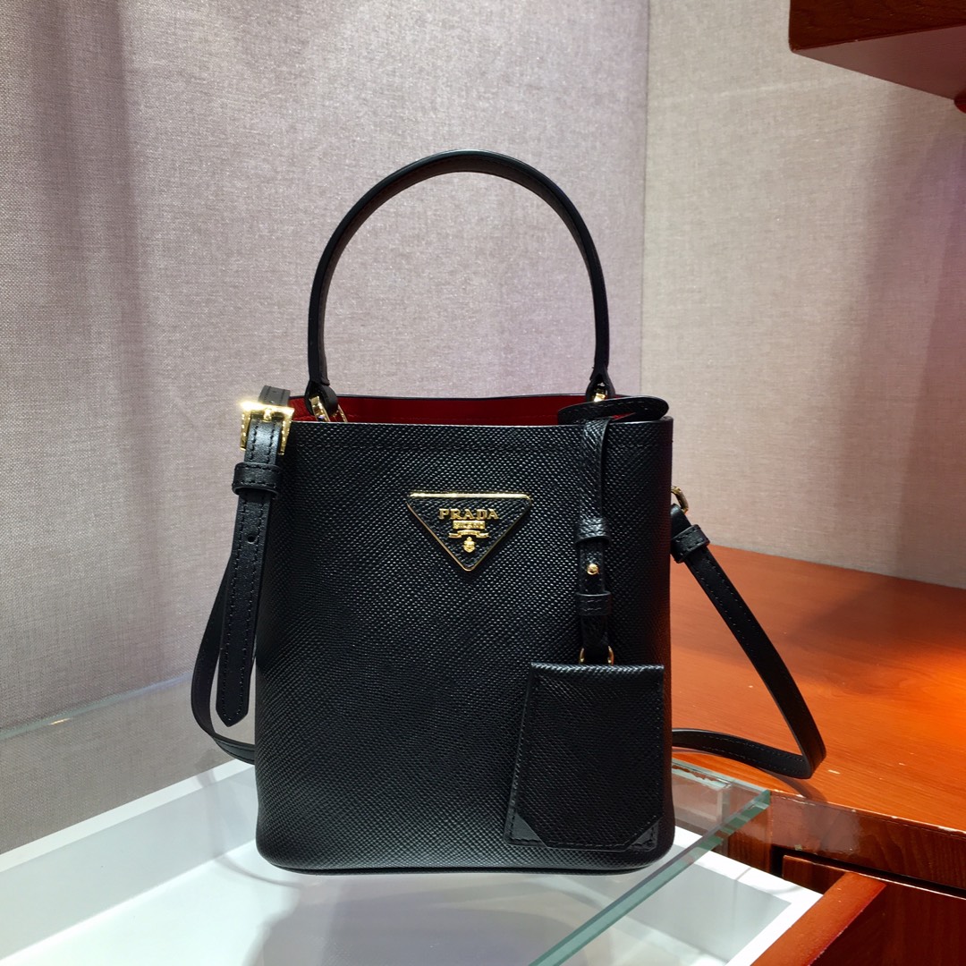 Prada Small Saffiano Leather Panier Bag Black/Red 1BA217